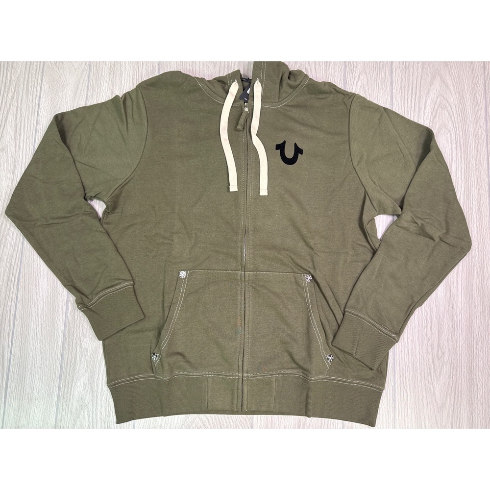 True Religion Mens Classic Logo Zip Hoodie Kalamata Olive Green XXL New With Tag